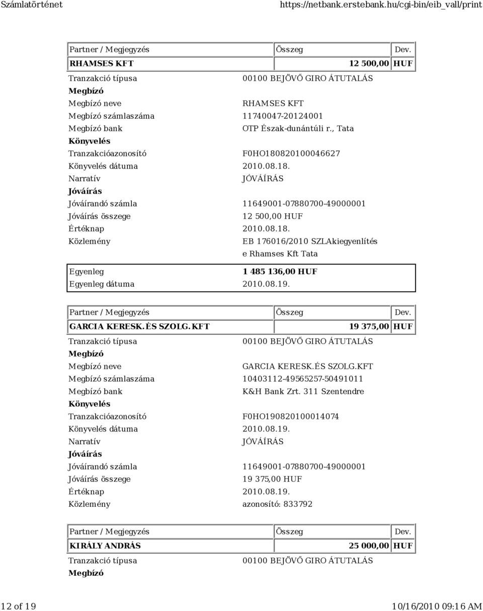 GARCIA KERESK. ÉS SZOLG. KFT 19 375,00 HUF neve GARCIA KERESK.ÉS SZOLG.KFT számlaszáma 10403112-49565257-50491011 bank K&H Bank Zrt.