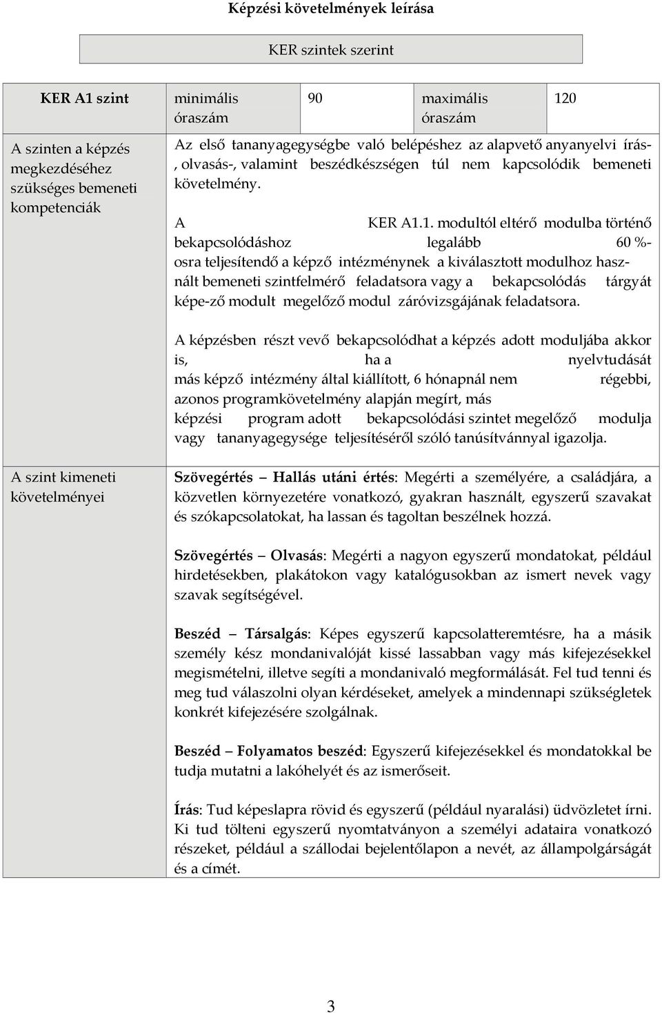 1. modultól eltérő modulba történő bekapcsolódáshoz legalább 60 % osra teljesítendő a képző intézménynek a kiválasztott modulhoz használt bemeneti szintfelmérő feladatsora vagy a bekapcsolódás