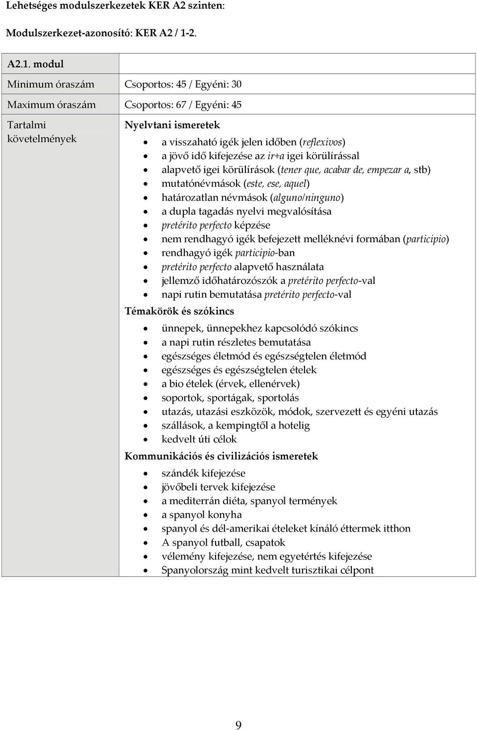 modul Maximum óraszám Csoportos: 67 / Egyéni: 45 a visszaható igék jelen időben (reflexivos) a jövő idő kifejezése az ir+a igei körülírással alapvető igei körülírások (tener que, acabar de, empezar