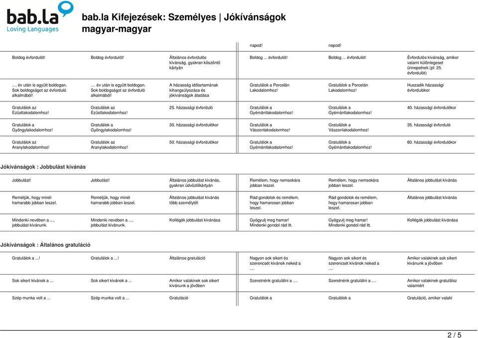 Porcelán Lakodalomhoz! Huszadik házassági évfordulókor Ezüstlakodalomhoz! Ezüstlakodalomhoz! 25. házassági évforduló 40. házassági évfordulókor Gyöngylakodalomhoz! Gyöngylakodalomhoz! 30.