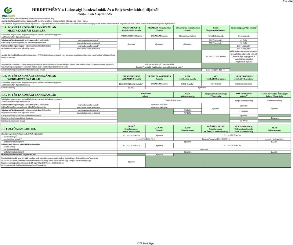 díjtételekkel. II/A. EGYÉB LAKOSSÁGI BANKSZÁMLÁK MEGTAKARÍTÁSI SZÁMLÁK típus megnevezése, melynek költségeivel a számla díjtételei megegyeznek. A táblázat az eltérő díjakat tartalmazza.