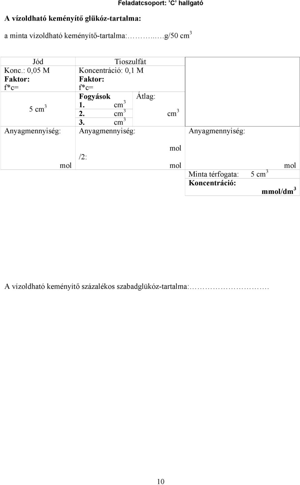 : 0,05 M Koncentráció: 0,1 M Fogyások Átlag: 1. cm 3 5 cm 3 2. cm 3 3.