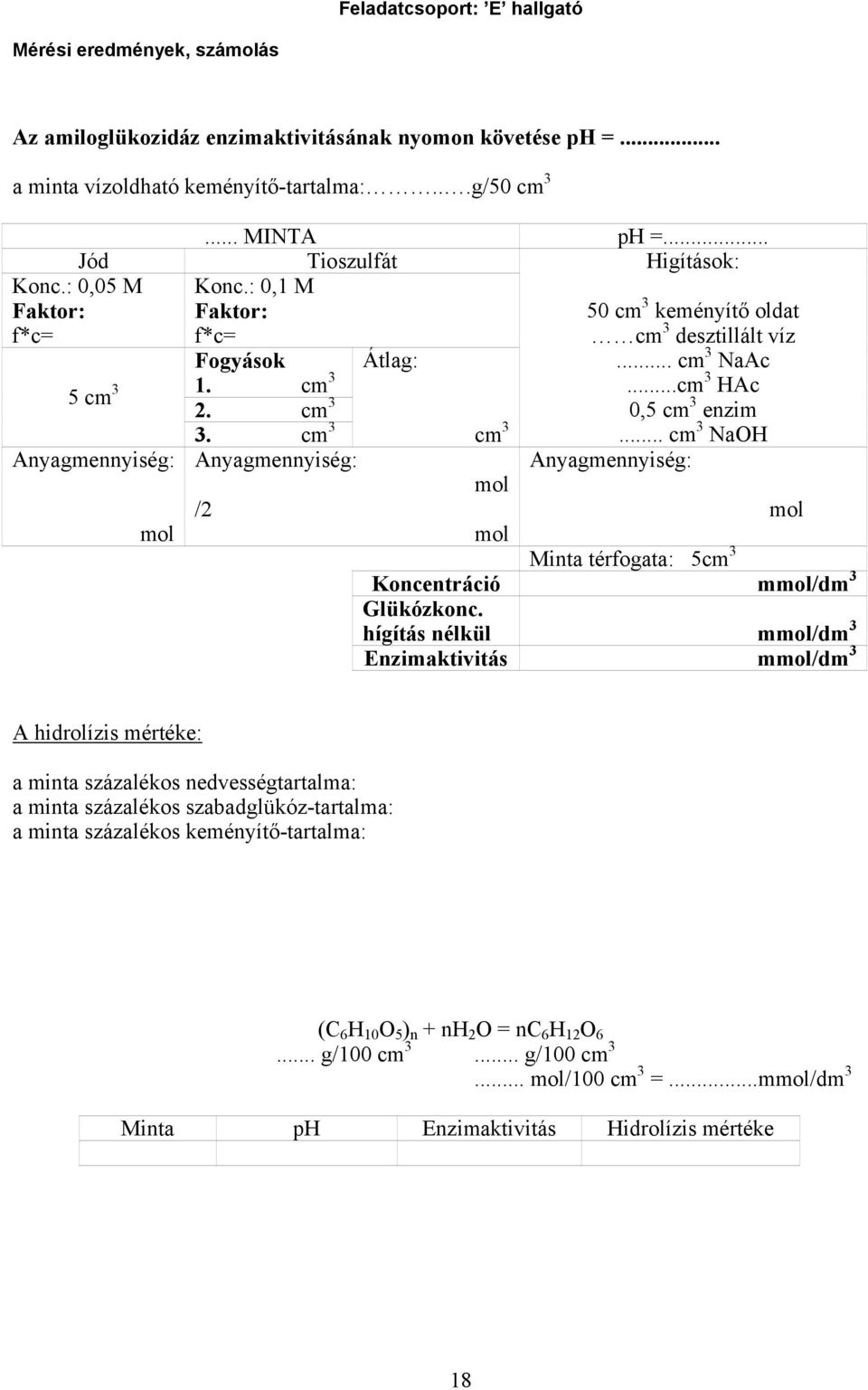 .. cm 3 NaOH cm 3 /2 Minta térfogata: 5cm 3 Koncentráció m/dm 3 Glükózkonc.