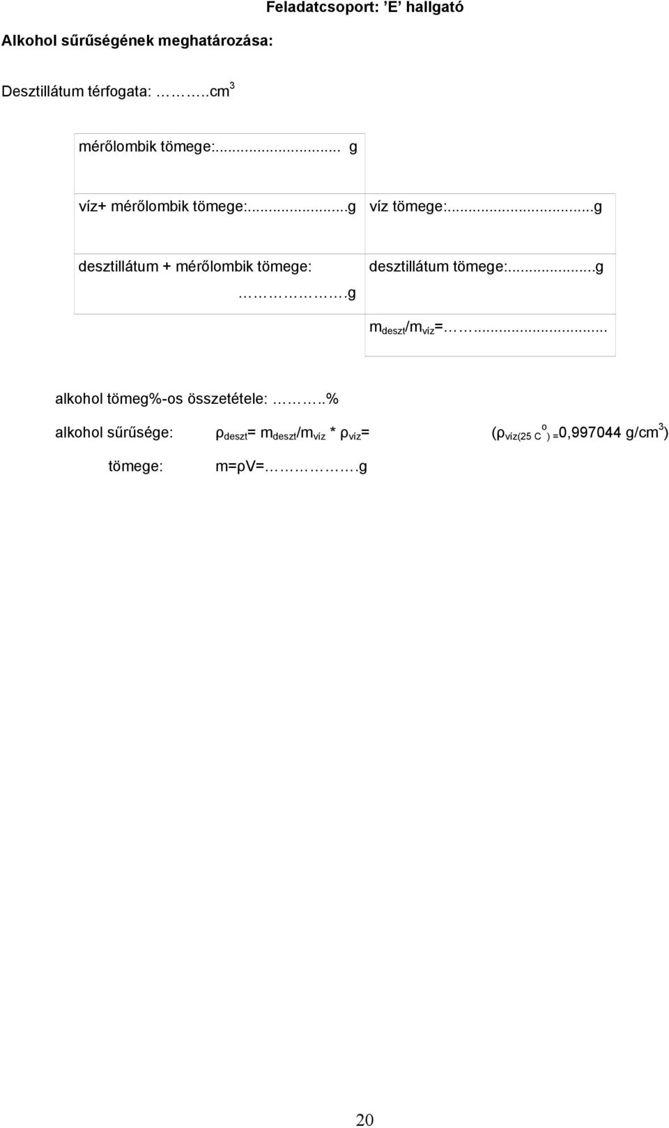 ..g desztillátum + mérőlombik tömege:.g desztillátum tömege:...g m deszt /m víz =.