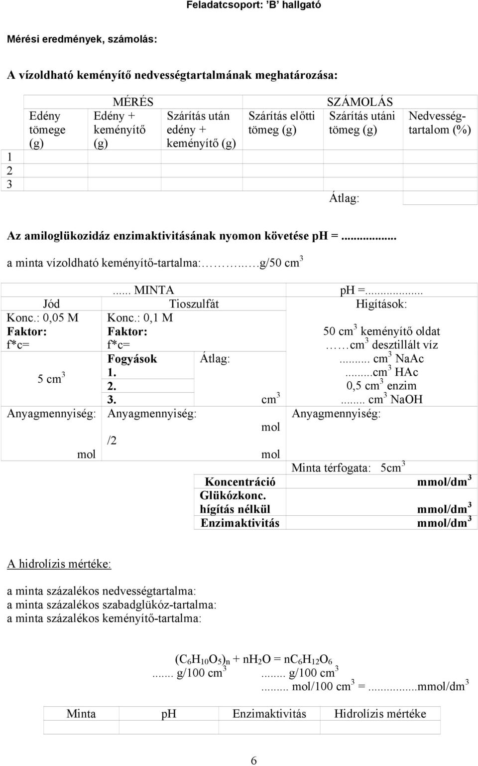 ..g/50 cm 3 Jód Konc.: 0,05 M... MINTA ph =... Tioszulfát Higítások: Konc.: 0,1 M Fogyások 1. 5 cm 3 2. 3. /2 Átlag: cm 3 50 cm 3 keményítő oldat cm 3 desztillált víz... cm 3 NaAc.