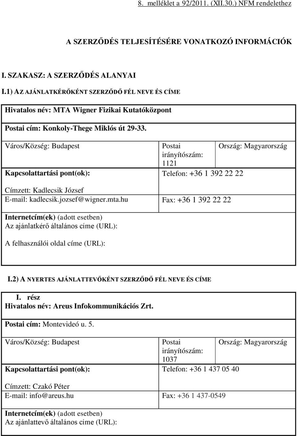 Város/Község: Budapest Kapcsolattartási pont(ok): Postai Ország: Magyarország irányítószám: 1121 Telefon: +36 1 392 22 22 Címzett: Kadlecsik József E-mail: kadlecsik.jozsef@wigner.mta.