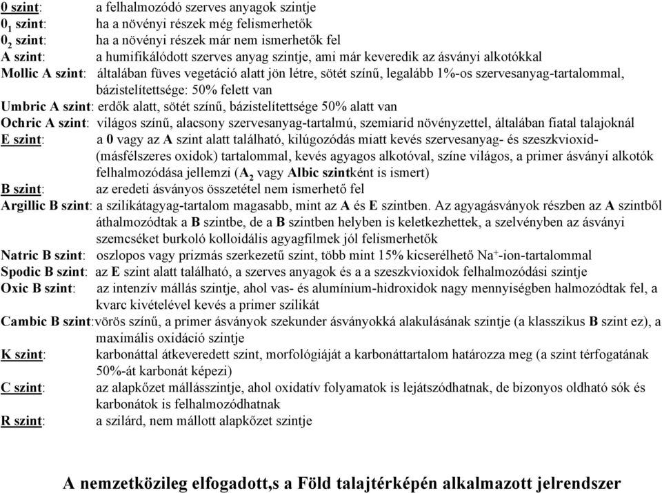 szint: erdők alatt, sötét színű, bázistelítettsége 50% alatt van Ochric A szint: világos színű, alacsony szervesanyag-tartalmú, szemiarid növényzettel, általában fiatal talajoknál E szint: a 0 vagy