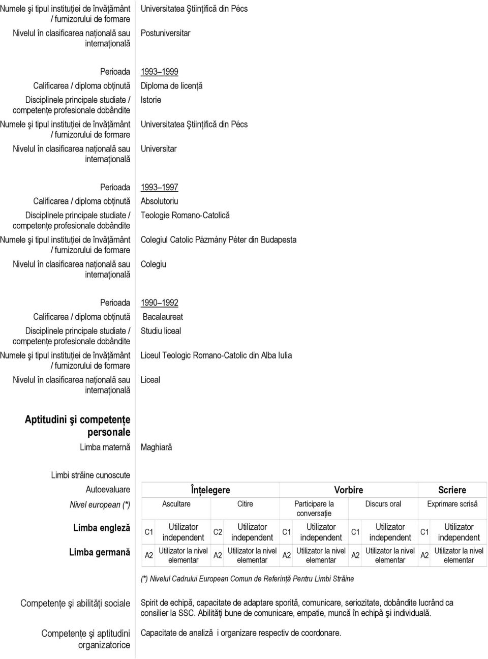 instituţiei de învăţământ Perioada 1990 1992 Bacalaureat Studiu liceal Liceul Teologic Romano-Catolic din Alba Iulia Liceal Aptitudini şi competenţe personale Limba maternă Maghiară Limbi străine