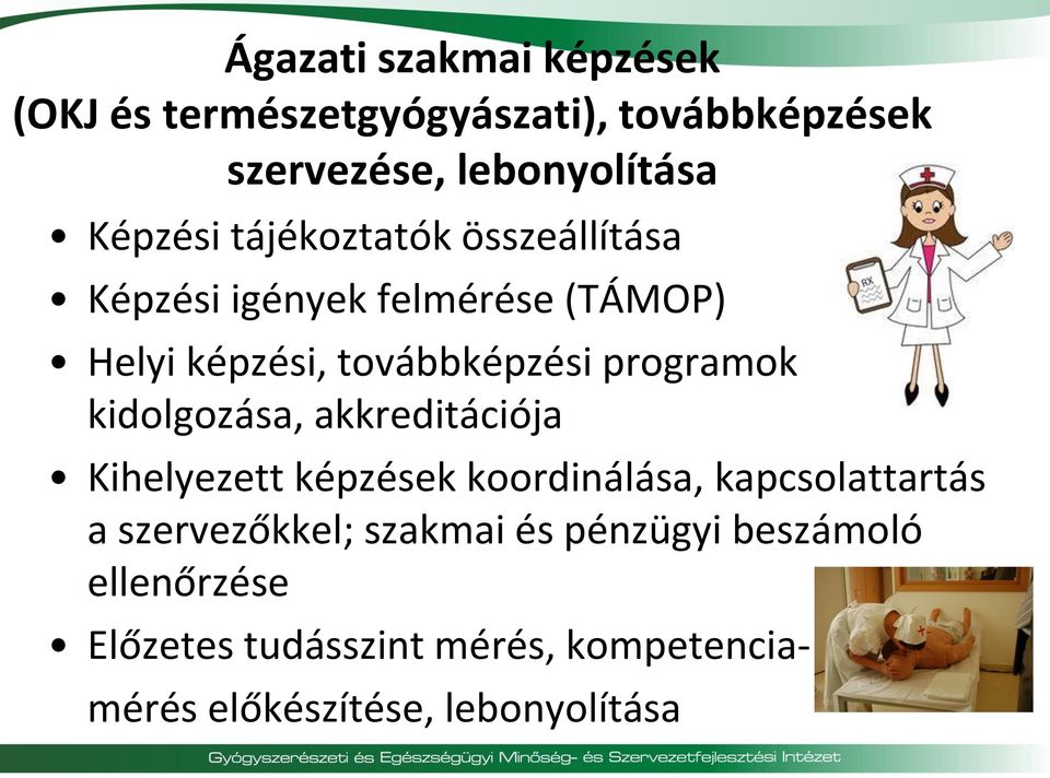 programok kidolgozása, akkreditációja Kihelyezett képzések koordinálása, kapcsolattartás a