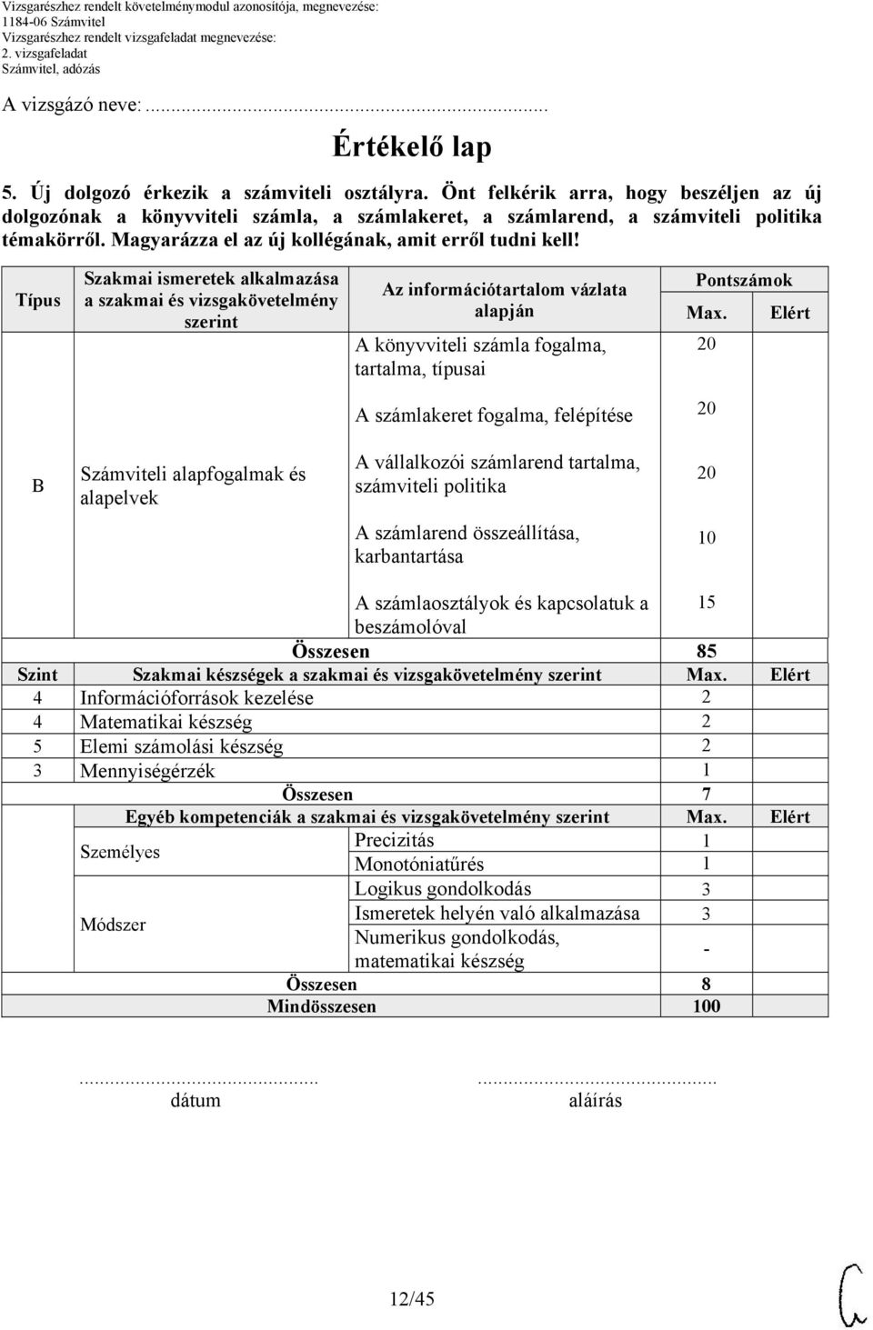 Típus Szakmai ismeretek alkalmazása a szakmai és vizsgakövetelmény szerint Az információtartalom vázlata alapján A könyvviteli számla fogalma, tartalma, típusai Pontszámok Max.