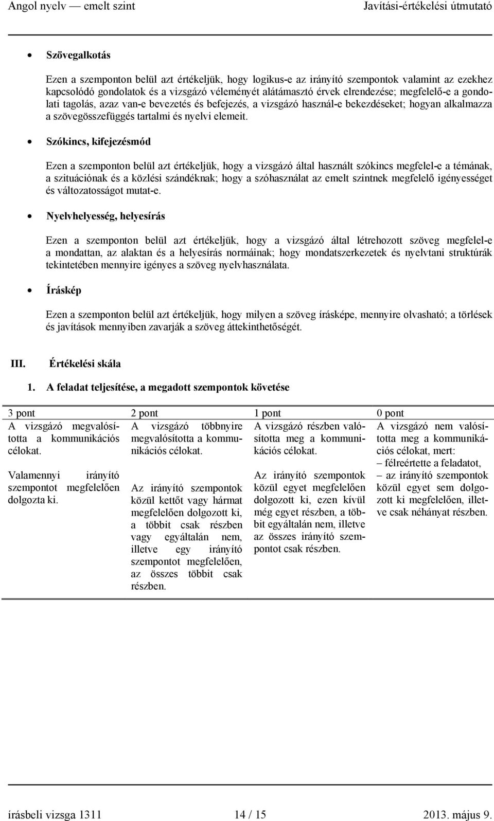 Szókincs, kifejezésmód Ezen a szemponton belül azt értékeljük, hogy a vizsgázó által használt szókincs megfelel-e a témának, a szituációnak és a közlési szándéknak; hogy a szóhasználat az emelt