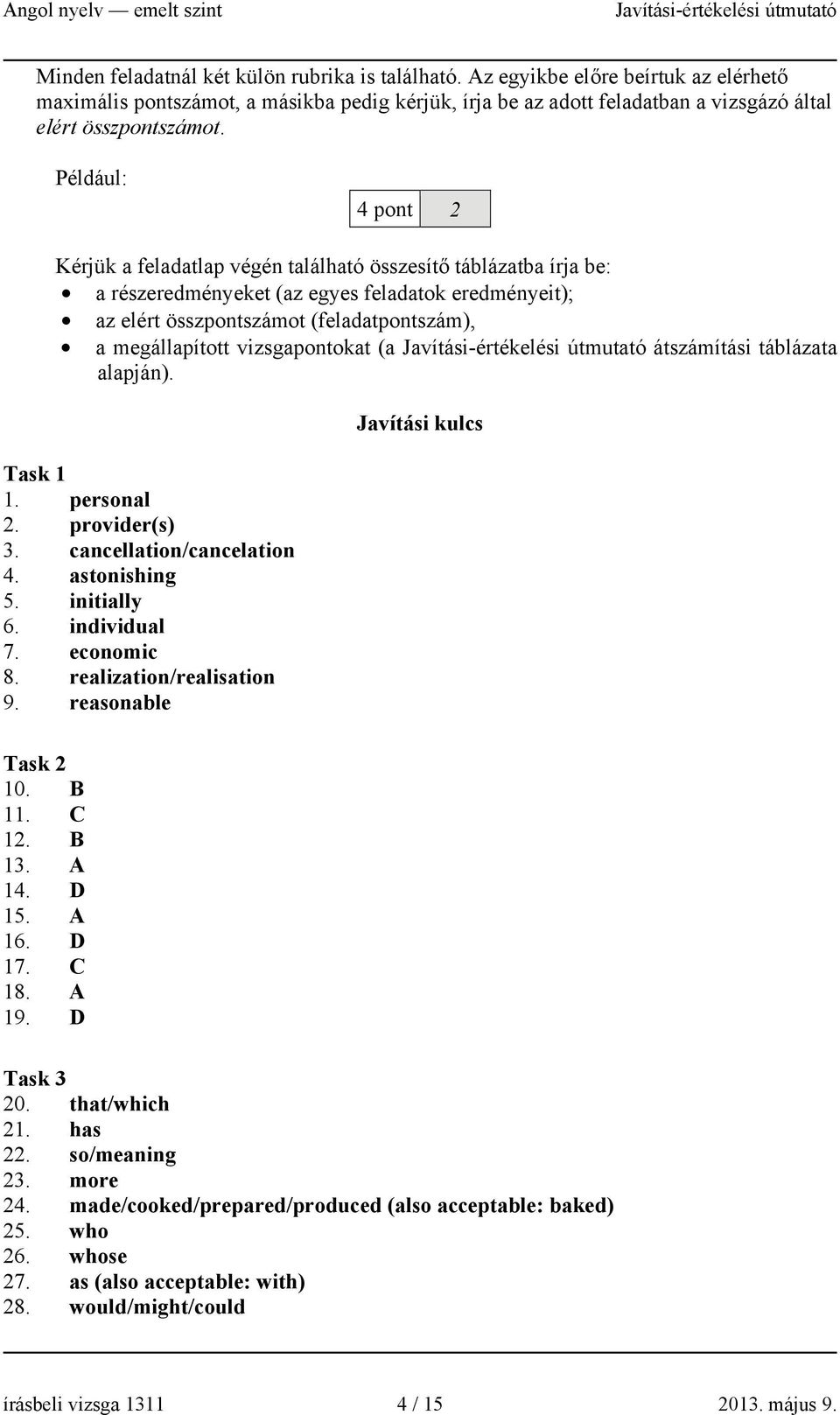 vizsgapontokat (a átszámítási táblázata alapján). Task 1 1. personal 2. provider(s) 3. cancellation/cancelation 4. astonishing 5. initially 6. individual 7. economic 8. realization/realisation 9.