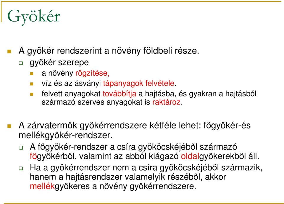 A zárvatermık gyökérrendszere kétféle lehet: fıgyökér-és mellékgyökér-rendszer.