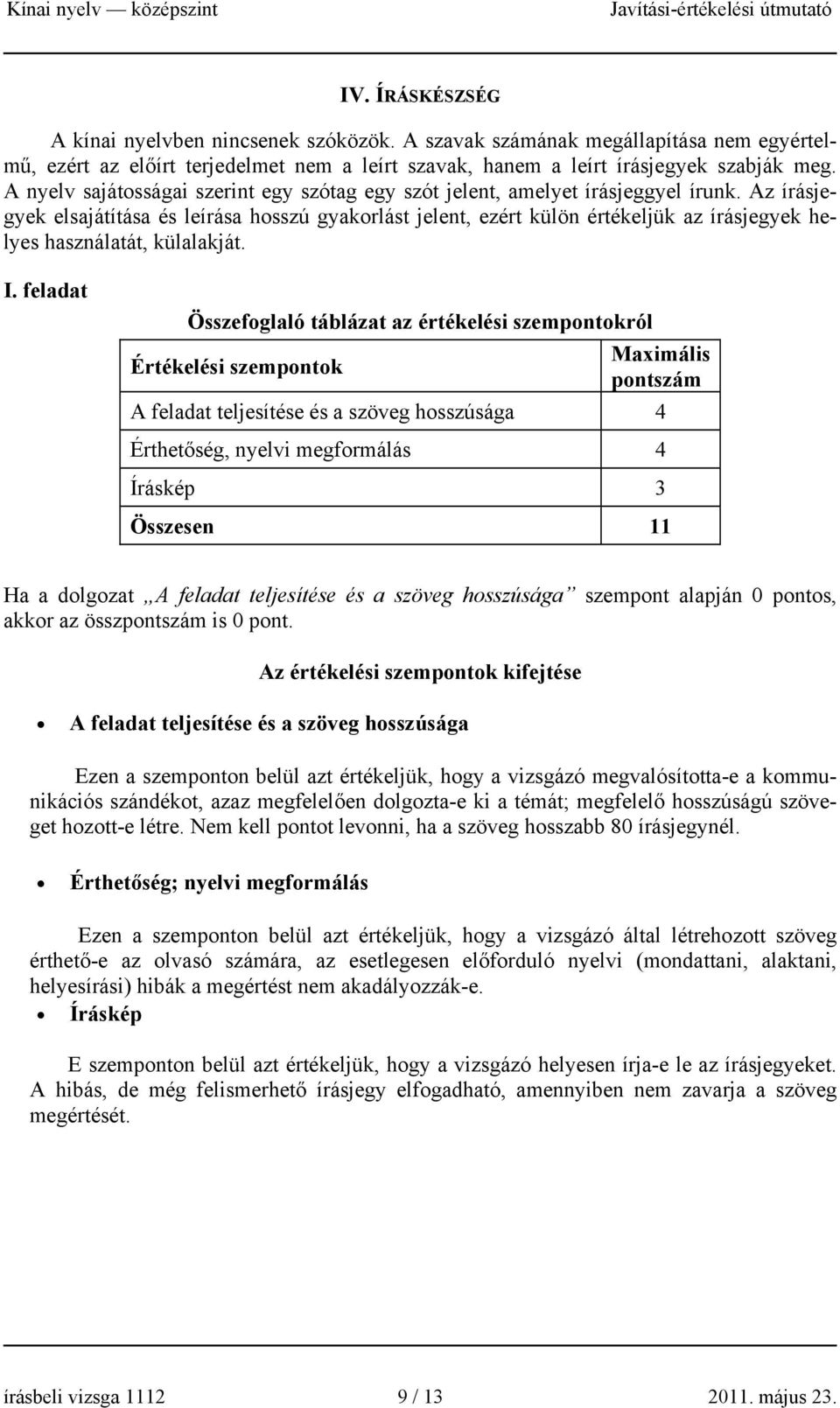 Az írásjegyek elsajátítása és leírása hosszú gyakorlást jelent, ezért külön értékeljük az írásjegyek helyes használatát, külalakját. I.