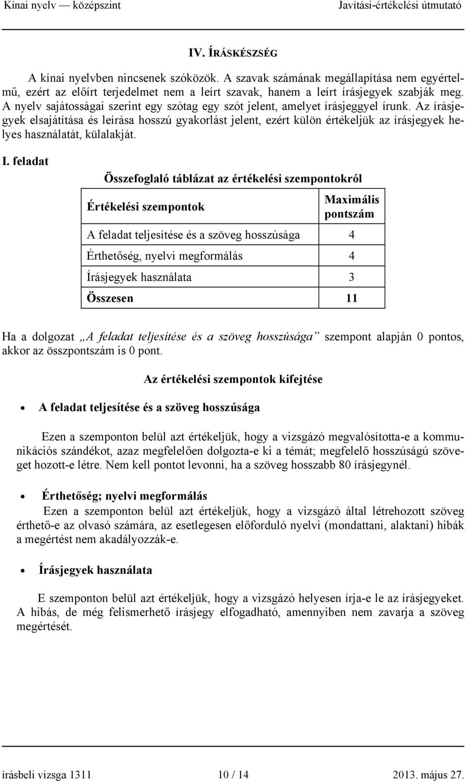 Az írásjegyek elsajátítása és leírása hosszú gyakorlást jelent, ezért külön értékeljük az írásjegyek helyes használatát, külalakját. I.