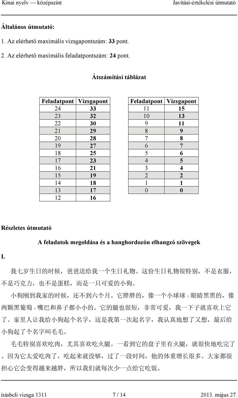 Részletes útmutató A feladatok megoldása és a hanghordozón elhangzó szövegek I.