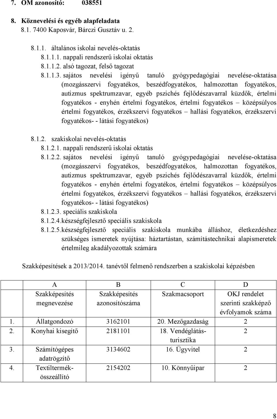 sajátos nevelési igényű tanuló gyógypedagógiai nevelése-oktatása (mozgásszervi fogyatékos, beszédfogyatékos, halmozottan fogyatékos, autizmus spektrumzavar, egyéb pszichés fejlődészavarral küzdők,