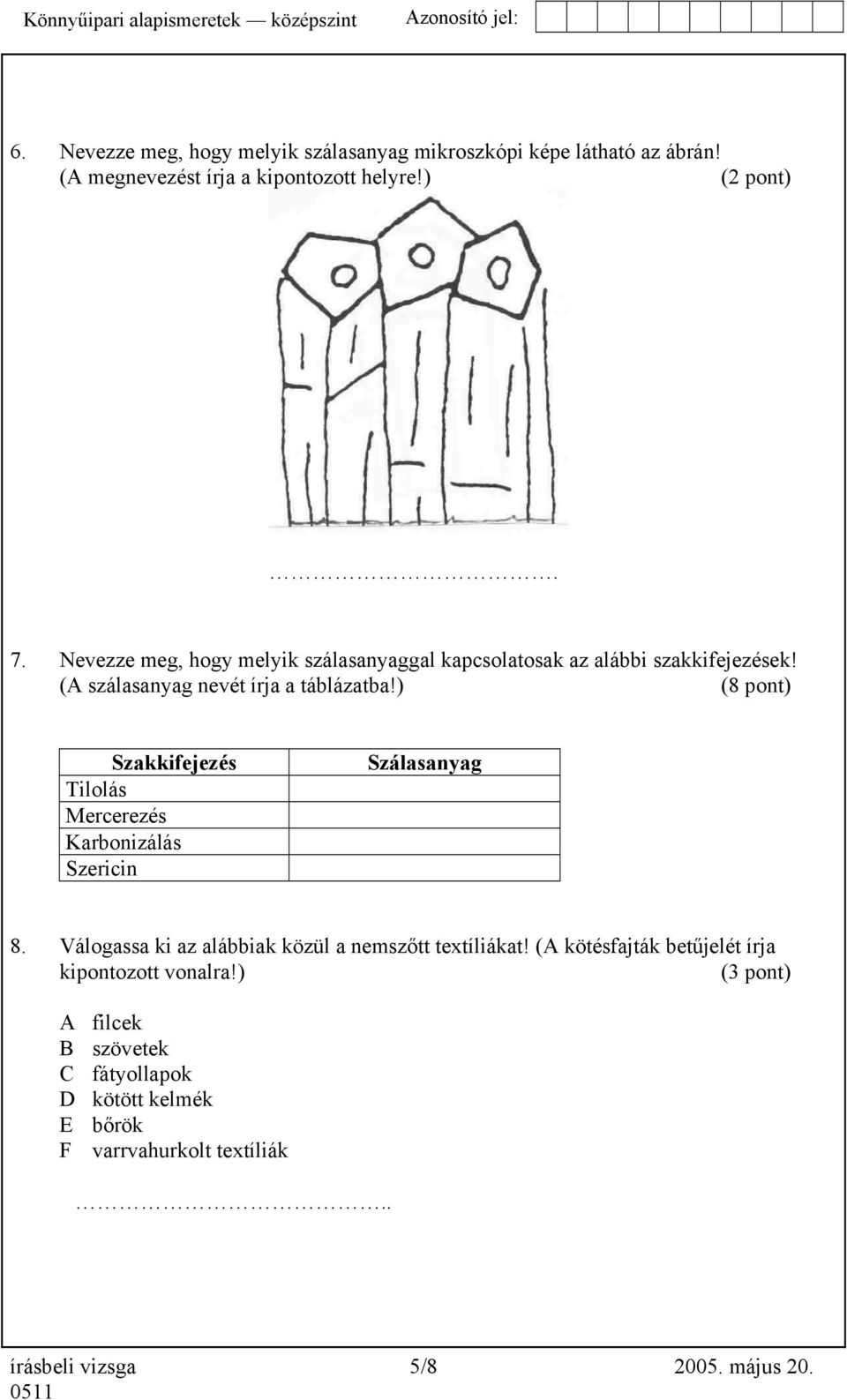 ) (8 pont) Szakkifejezés Tilolás Mercerezés Karbonizálás Szericin Szálasanyag 8. Válogassa ki az alábbiak közül a nemszőtt textíliákat!