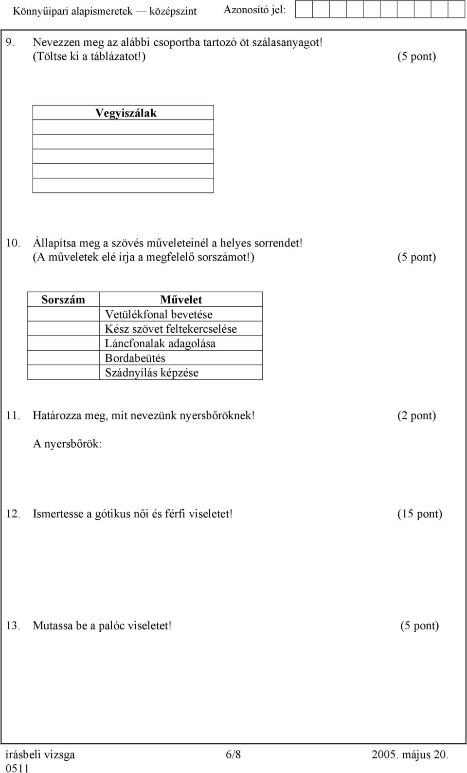 ) (5 pont) Sorszám Művelet Vetülékfonal bevetése Kész szövet feltekercselése Láncfonalak adagolása Bordabeütés Szádnyílás képzése 11.