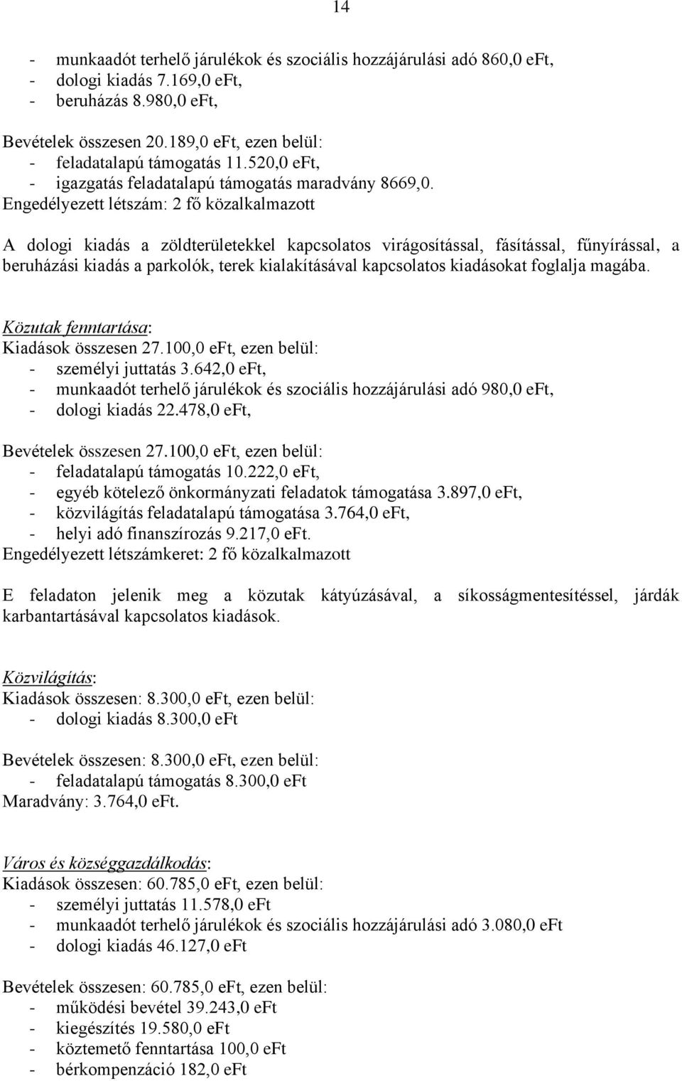 Engedélyezett létszám: 2 fő közalkalmazott A dologi kiadás a zöldterületekkel kapcsolatos virágosítással, fásítással, fűnyírással, a beruházási kiadás a parkolók, terek kialakításával kapcsolatos