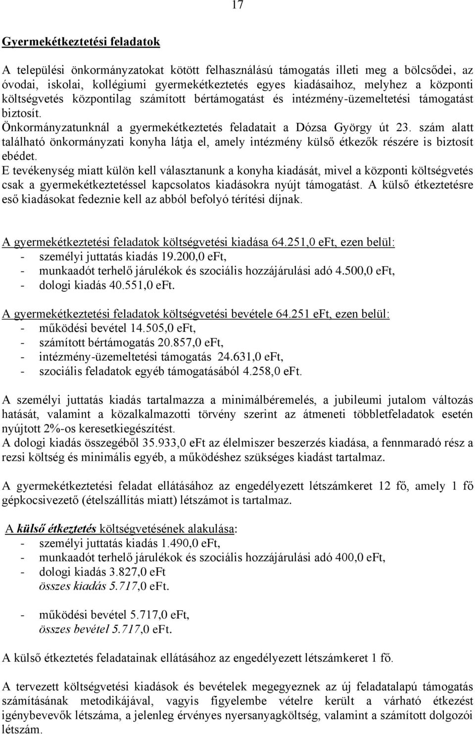 szám alatt található önkormányzati konyha látja el, amely intézmény külső étkezők részére is biztosít ebédet.