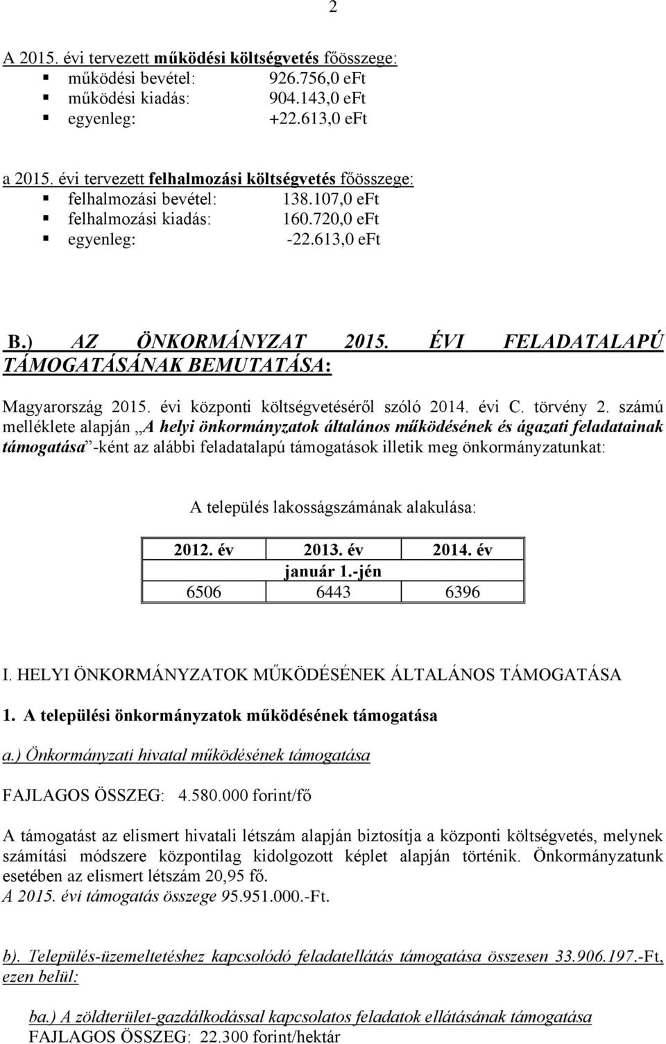 ÉVI FELADATALAPÚ TÁMOGATÁSÁNAK BEMUTATÁSA: Magyarország 2015. évi központi költségvetéséről szóló 2014. évi C. törvény 2.