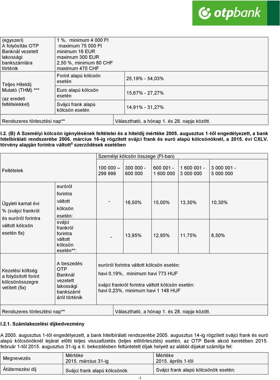 napja között. I.2. (B) A Személyi igénylésének feltételei és a hiteldíj mértéke 2005. augusztus 1-től engedélyezett, a bank hitelbírálati rendszerébe 2006.