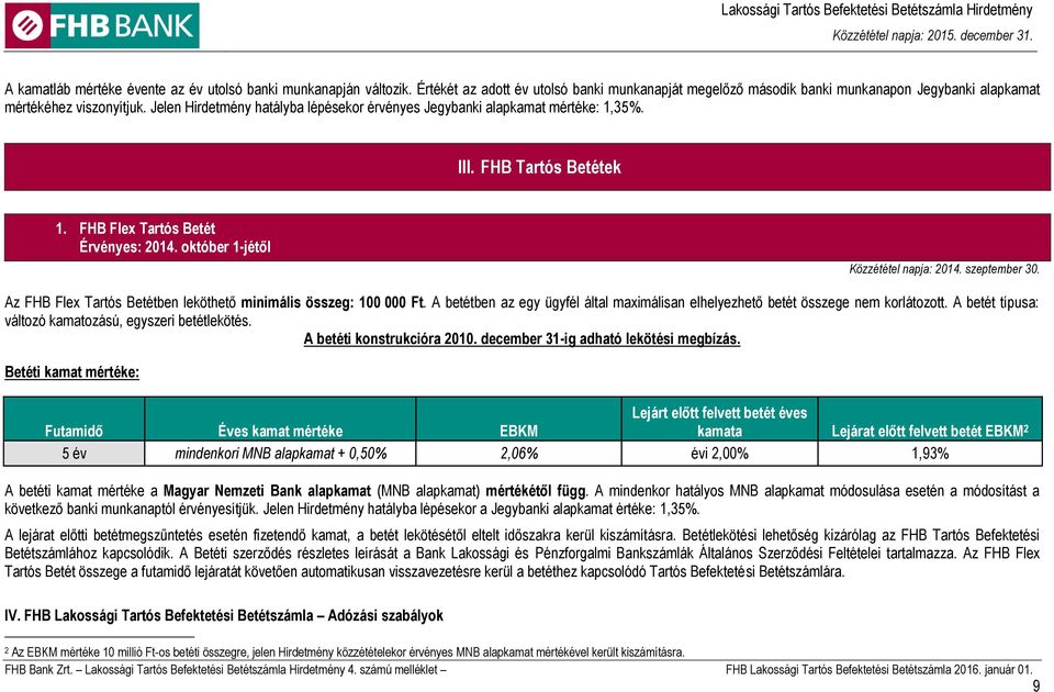 Az FHB Flex Tartós Betétben leköthető minimális összeg: 100 000 Ft. A betétben az egy ügyfél által maximálisan elhelyezhető betét összege nem korlátozott.