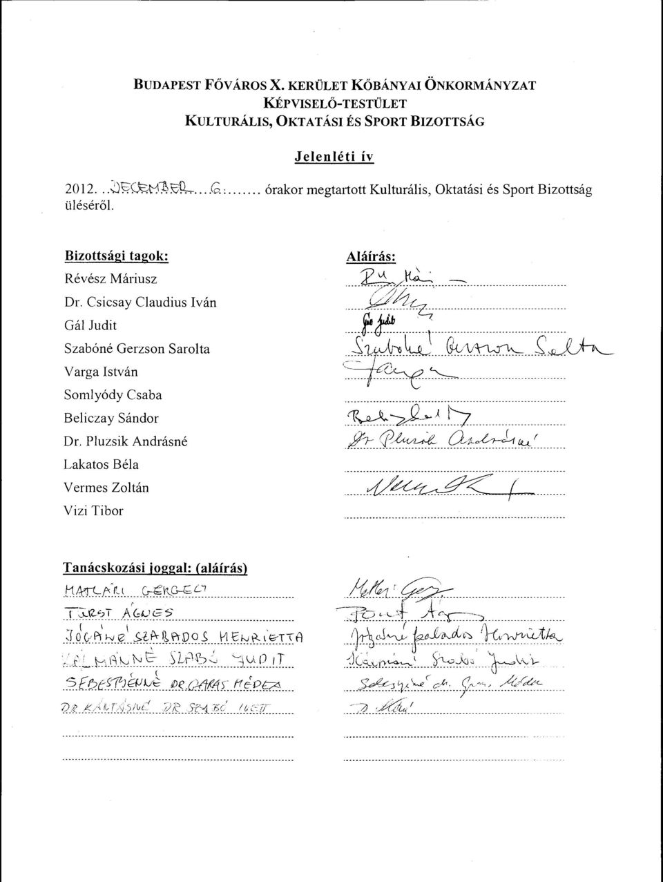 Csicsay Caudius Iván Gá Judit Szabóné Gerzson Sarota Varga István Somyódy Csaba Beiczay Sándor r. Puzsik Andrásné Lakatos Béa Vermes Zotán Vizi Tibor Aáírás: 'Í),A.. ~ ---... ~~/-...,.... ff-!