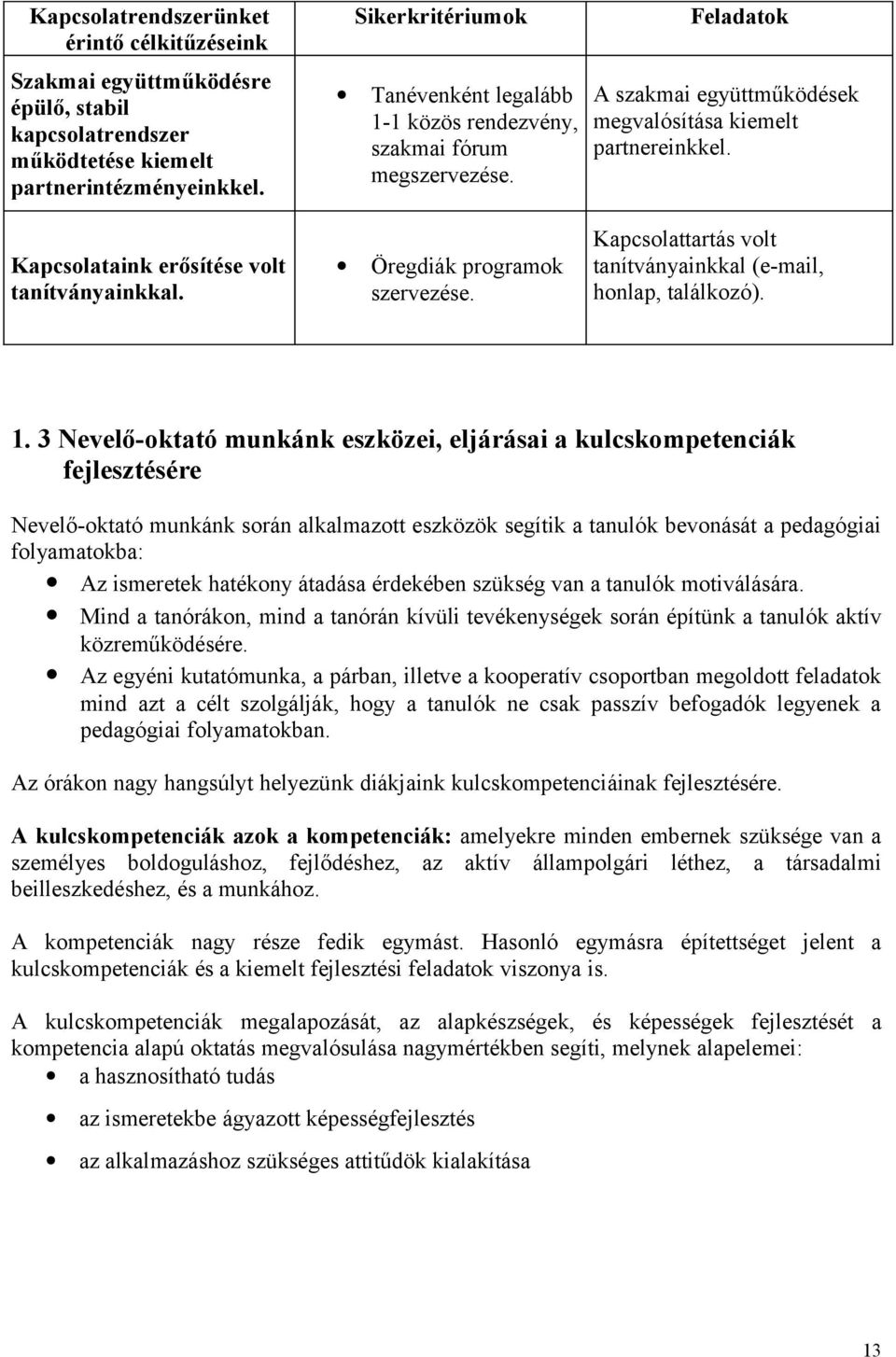 Kapcsolataink erősítése volt tanítványainkkal. Öregdiák programok szervezése. Kapcsolattartás volt tanítványainkkal (e-mail, honlap, találkozó). 1.