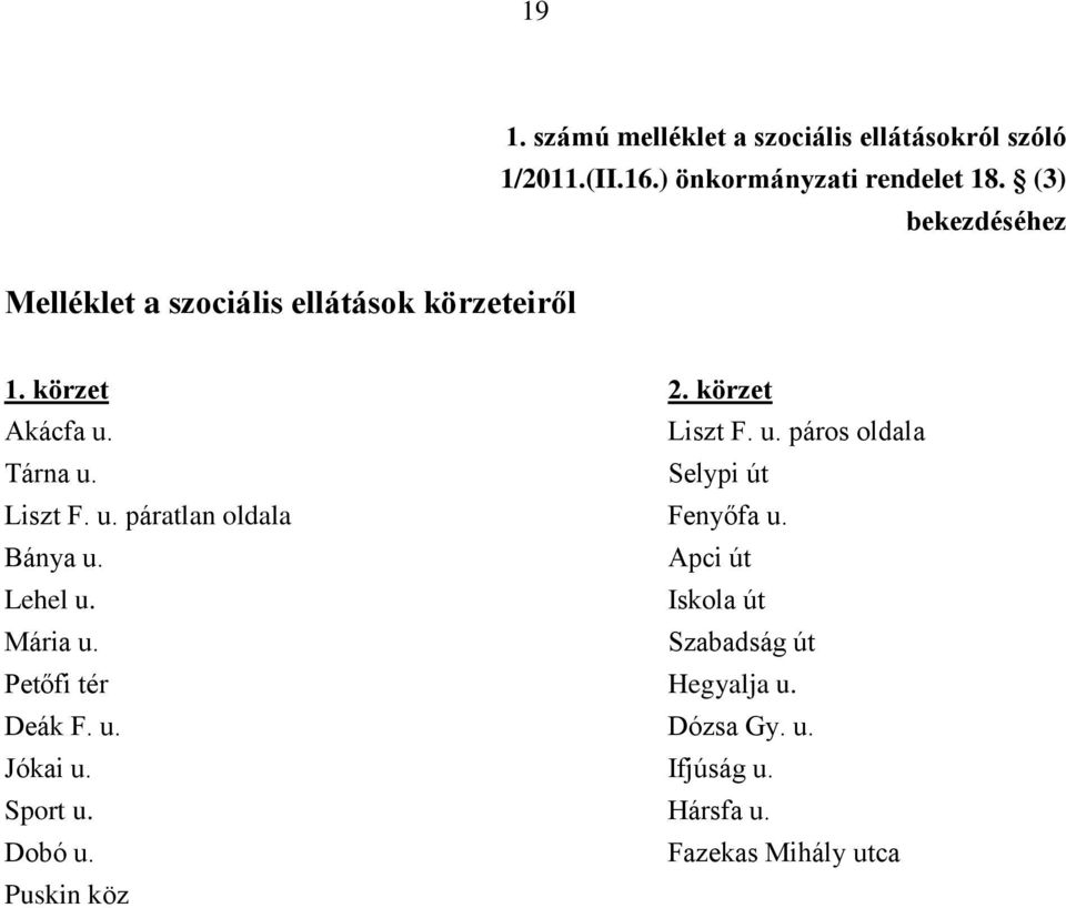 Selypi út Liszt F. u. páratlan oldala Fenyőfa u. Bánya u. Apci út Lehel u. Iskola út Mária u.