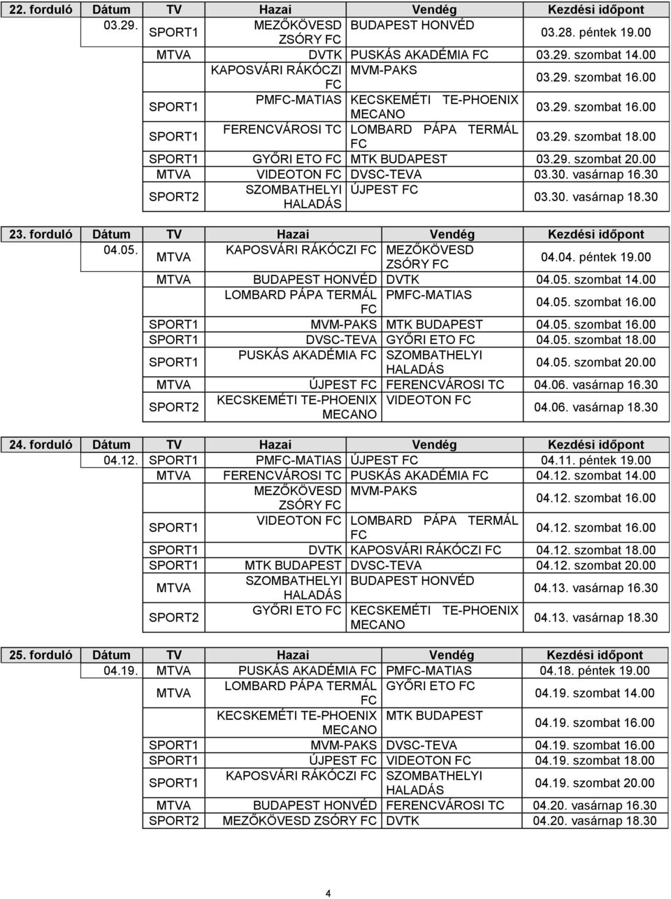 vasárnap 16.30 SPORT2 SZOMBATHELYI ÚJPEST HALADÁS 03.30. vasárnap 18.30 23. forduló Dátum TV Hazai Vendég Kezdési időpont 04.05. KAPOSVÁRI RÁKÓCZI MEZŐKÖVESD ZSÓRY 04.04. péntek 19.