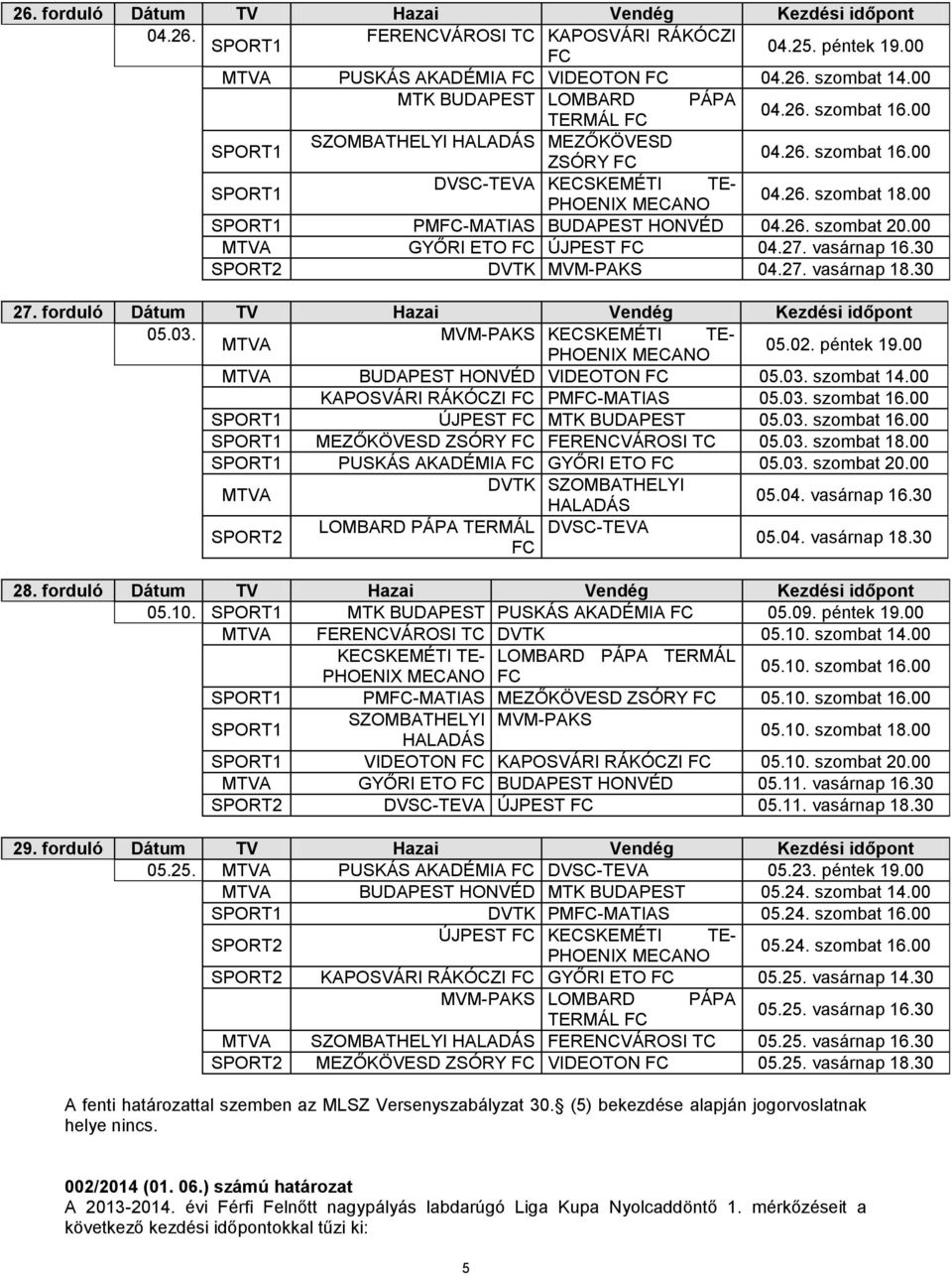 vasárnap 16.30 SPORT2 DVTK MVM-PAKS 04.27. vasárnap 18.30 27. forduló Dátum TV Hazai Vendég Kezdési időpont 05.03. MVM-PAKS KECSKEMÉTI TE- PHOENIX MECANO 05.02. péntek 19.