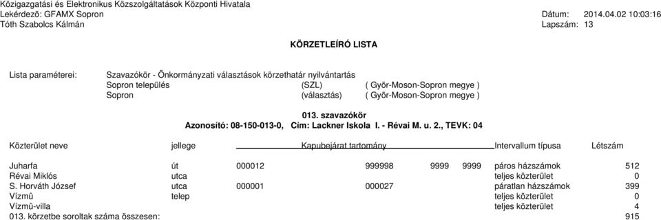 , TEVK: 04 Juharfa út 000012 999998 9999 9999 páros házszámok 512 Révai Miklós utca teljes