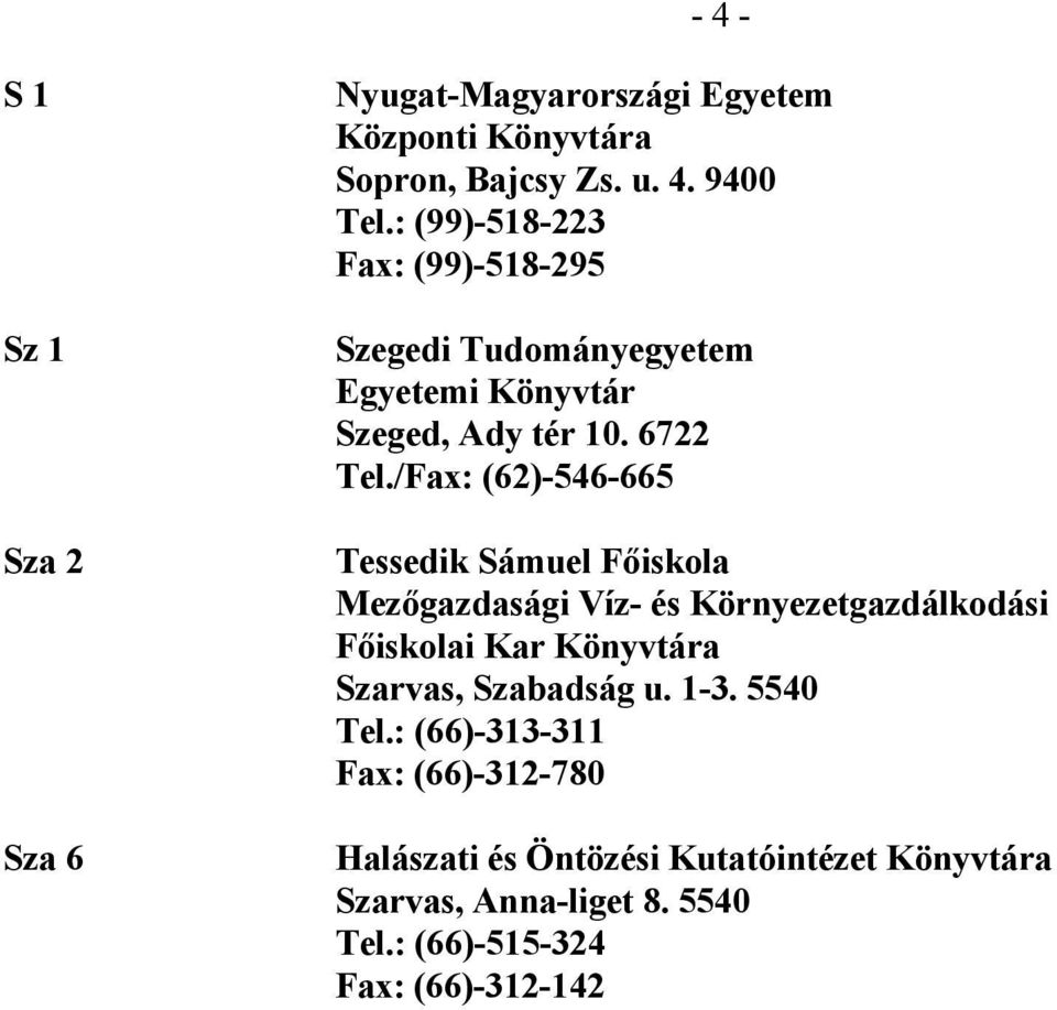 /Fax: (62)-546-665 Tessedik Sámuel Főiskola Mezőgazdasági Víz- és Környezetgazdálkodási Főiskolai Kar Könyvtára Szarvas,