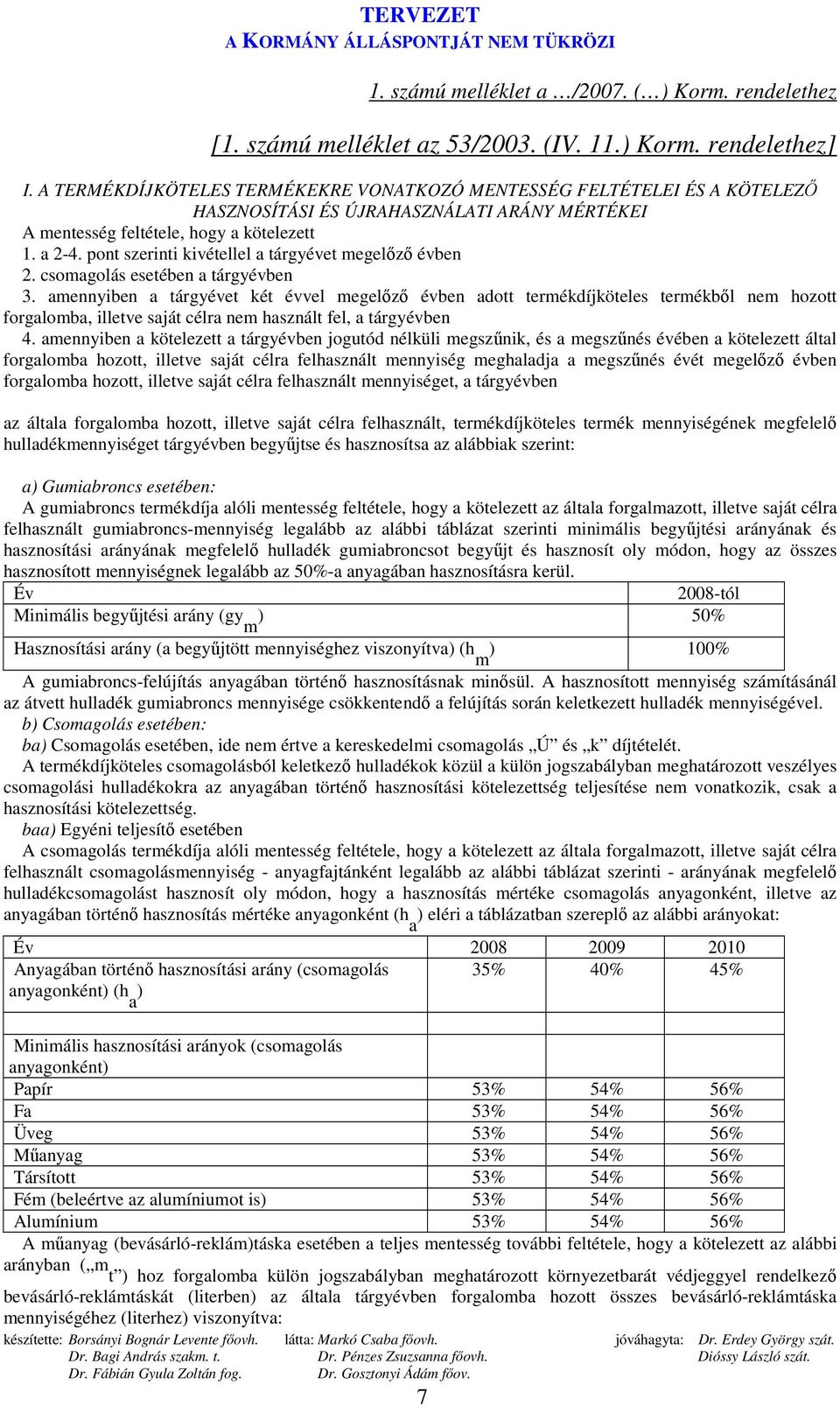 pont szerinti kivétellel a tárgyévet megelızı évben 2. csomagolás esetében a tárgyévben 3.