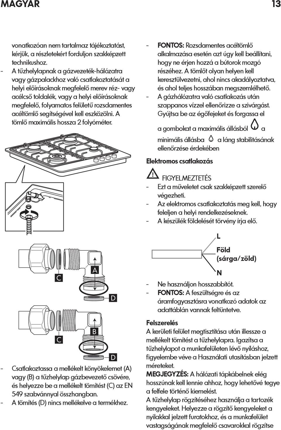 felületű rozsdamentes acéltömlő segítségével kell eszközölni. A tömlő maximális hossza 2 folyóméter.