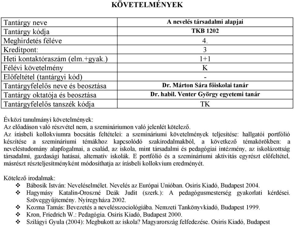 Az írásbeli kollokviumra bocsátás feltételei: a szemináriumi követelmények teljesítése: hallgatói portfólió készítése a szemináriumi témákhoz kapcsolódó szakirodalmakból, a következő témakörökben: a