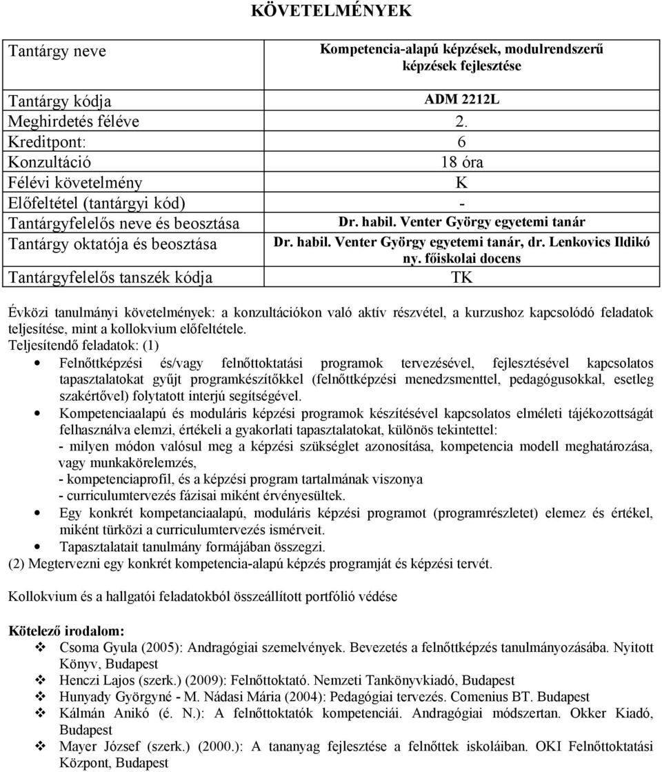 Teljesítendő feladatok: (1) Felnőttképzési és/vagy felnőttoktatási programok tervezésével, fejlesztésével kapcsolatos tapasztalatokat gyűjt programkészítőkkel (felnőttképzési menedzsmenttel,