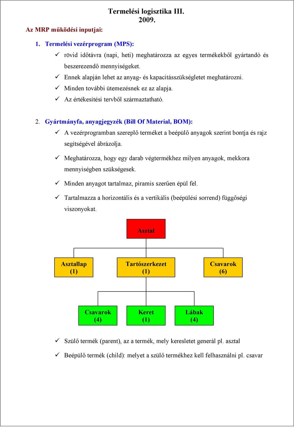 Gyártmányfa, anyagjegyzék (Bill Of Material, BOM): A vezérprogramban szereplő terméket a beépülő anyagok szerint bontja és rajz segítségével ábrázolja.