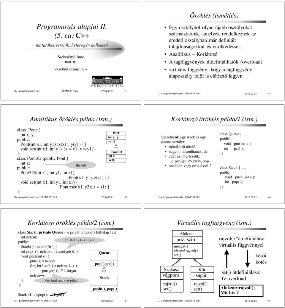 Analitikus Korlátozó A tagfüggvények átdefiniálhatók (overload) virtuális függvény: hogy a tagfüggvény alaposztály felől is elérhető legyen M Ű E G Y E T E M 7 8 C++ programozási nyelv BME-IIT Sz.I. 06.