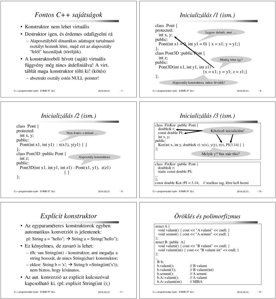 class Pont { protected: int x, y; Inicializálás / (ism.) Pont(int x = 0, int y = 0) { x = x; y = y; class Pont3D :public Pont { int z; Pont3D(int x, int y, int z) Legyen default, mert.