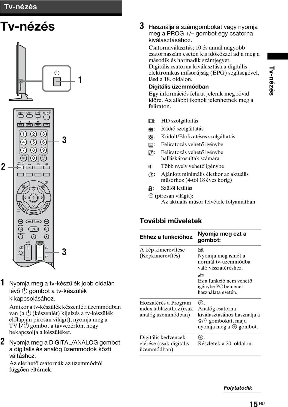 Digitális csatorna kiválasztása a digitális elektronikus műsorújság (EPG) segítségével, lásd a 18. oldalon. Digitális üzemmódban Egy információs felirat jelenik meg rövid időre.