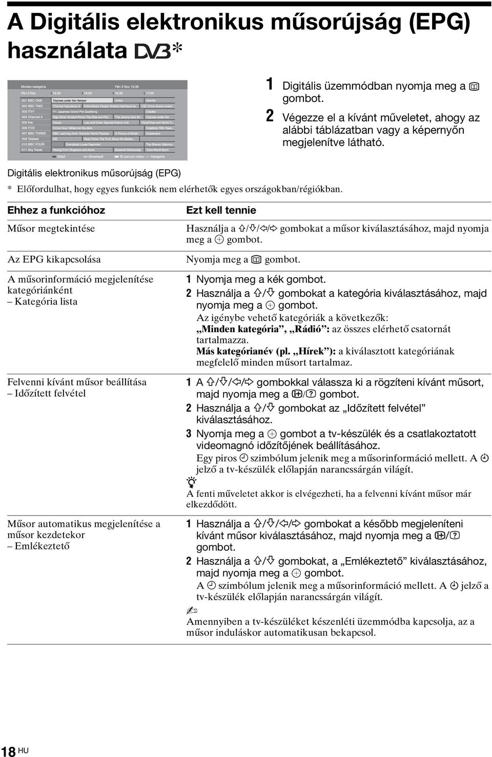 Ehhez a funkcióhoz Műsor megtekintése Ezt kell tennie Használja a F/f/G/g gombokat a műsor kiválasztásához, majd nyomja meg a gombot. Az EPG kikapcsolása Nyomja meg a gombot.