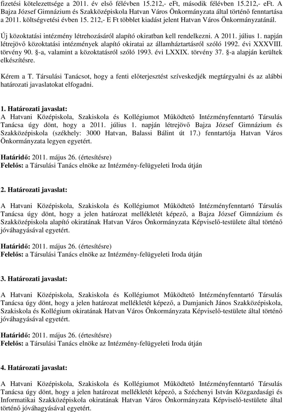 napján létrejövő közoktatási intézmények alapító okiratai az államháztartásról szóló 1992. évi XXXVIII. törvény 90. -a, valamint a közoktatásról szóló 1993. évi LXXIX. törvény 37.