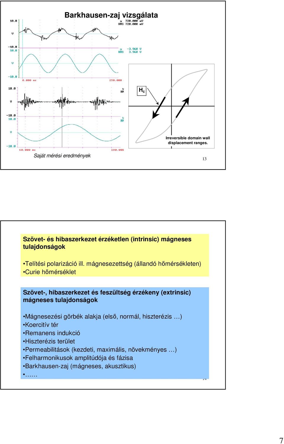 mágnesezettség (állandó hőmérsékleten) Curie hőmérséklet Szövet-, hibaszerkezet és feszültség érzékeny (extrinsic) mágneses tulajdonságok