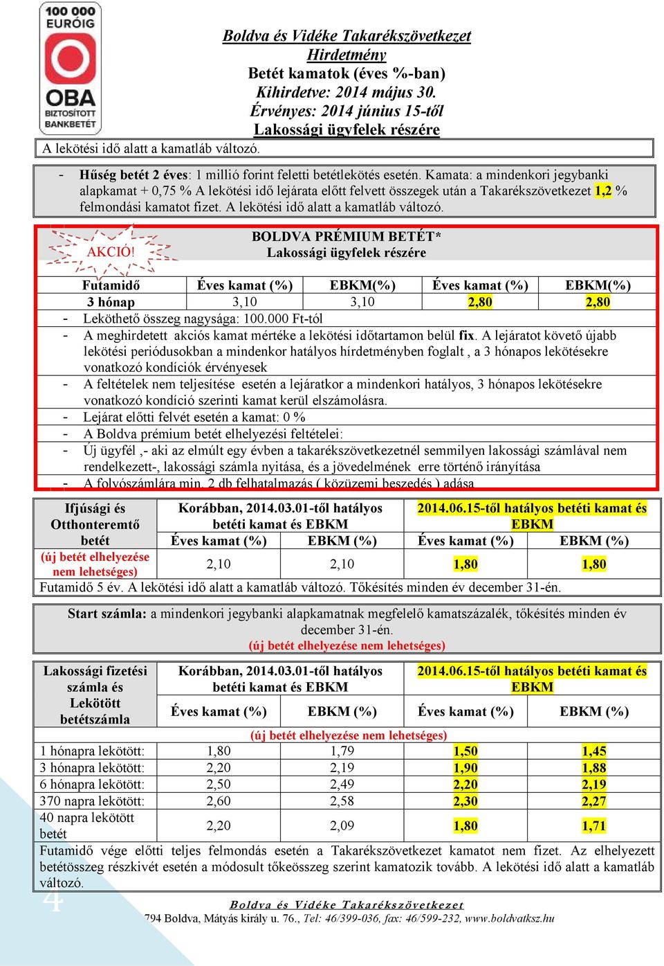 AKCIÓ! BOLDVA PRÉMIUM BETÉT* 4 Futamidő Éves kamat (%) (%) Éves kamat (%) (%) 3 hónap 3,10 3,10 2,80 2,80 - Leköthető összeg nagysága: 100.