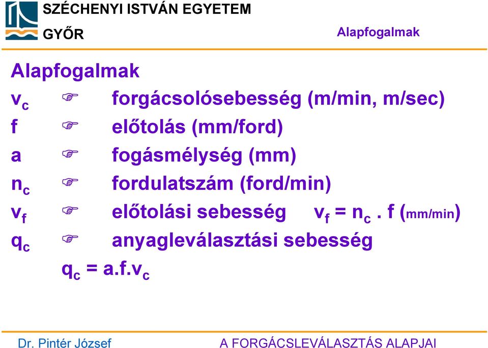 n c fordulatszám (ford/min) v f előtolási sebesség v f