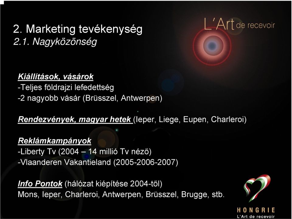 Antwerpen) Rendezvények, magyar hetek (Ieper, Liege, Eupen, Charleroi) Reklámkampányok -Liberty