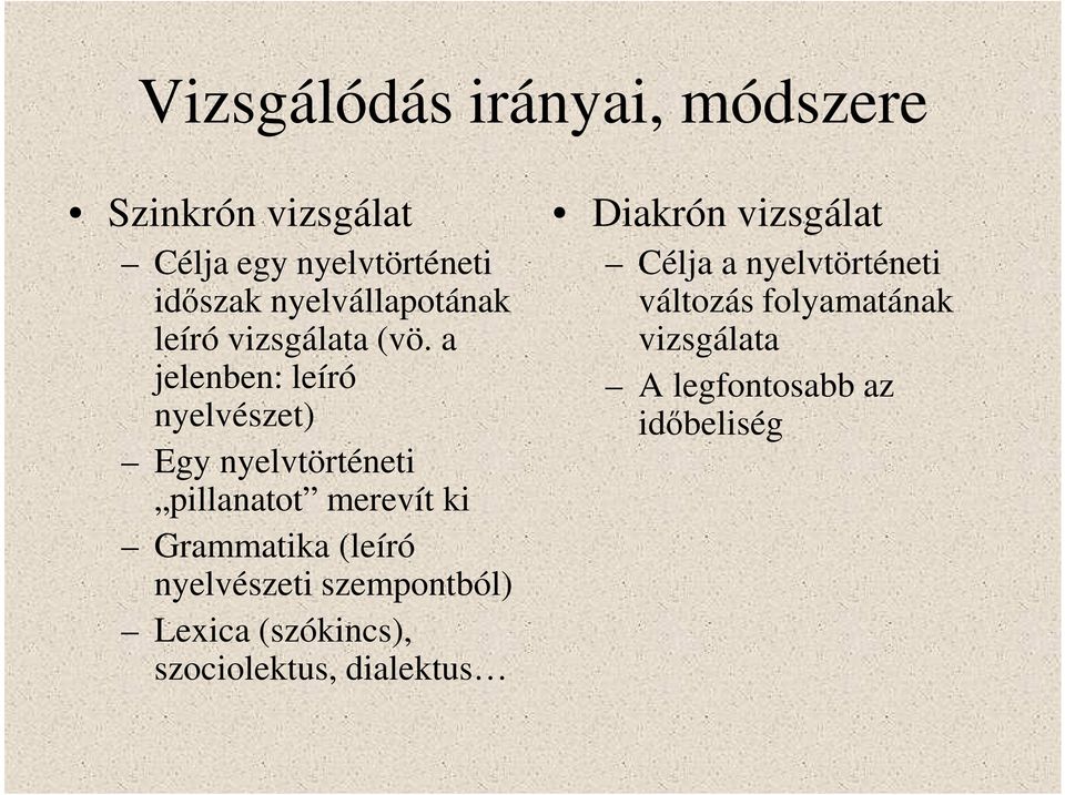 a jelenben: leíró nyelvészet) Egy nyelvtörténeti pillanatot merevít ki Grammatika (leíró